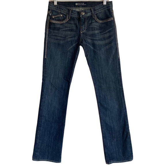 Rock & Republic Studded Dark Wash Straight Leg Denim Skull Jeans 26 - Picture 2 of 12